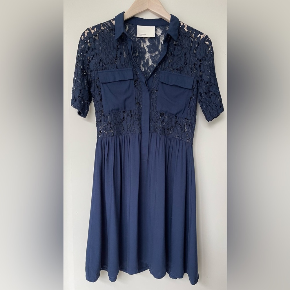 Vero Moda - Lace Bodice Button Down Mini Dress with Collar - Size S - Navy